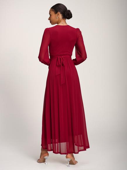 Jolie Moi Long Sleeve Pleated Maxi Dress, Dark Red - view 2, Dark Red