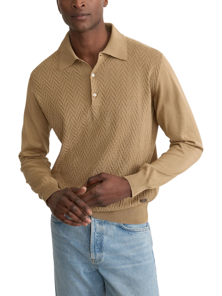 Eton Cotton Chevron Structure Knit Polo Shirt, Beige, Beige
