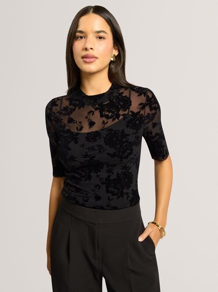 Ted Baker AURLYNE Short Sleeve Floral Devoré Mesh Top, Black, Black