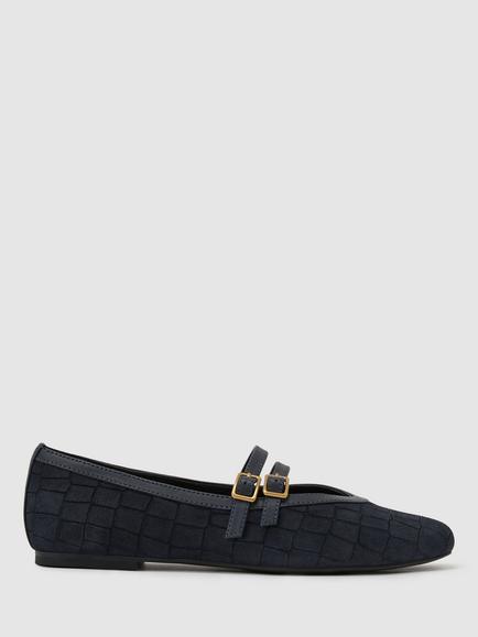Reiss Eliza Suede Croc Embossed Ballerina Pumps, Navy