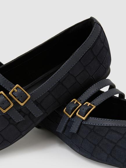 Reiss Eliza Suede Croc Embossed Ballerina Pumps - view 2, Navy