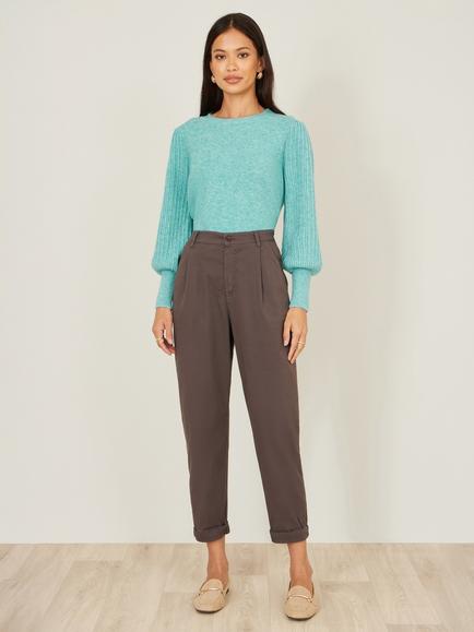 Yumi Cotton Blend Chino Trousers, Brown, Brown