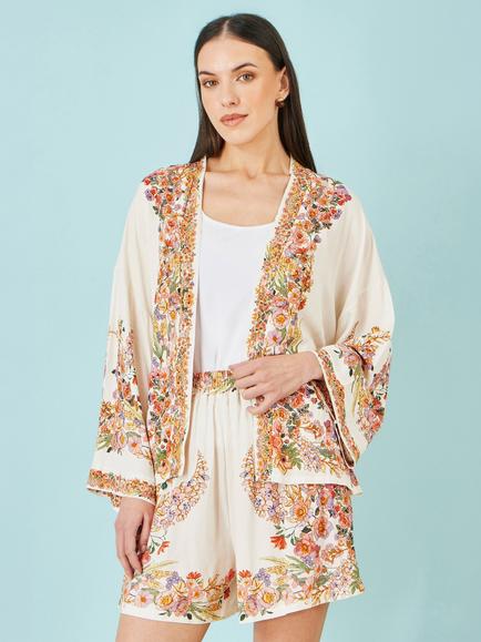 Yumi Floral Border Tie Belt Kimono, Multi, Multi