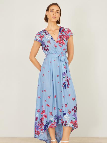 Yumi Floral Mirror Wrap High Low Midi Dress, Blue/Multi, Blue/Multi