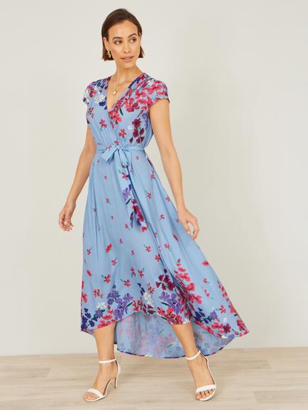 Yumi Floral Mirror Wrap High Low Midi Dress, Blue/Multi - view 2, Blue/Multi