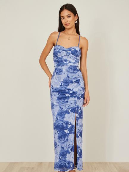 Yumi Split Thigh Floral Mesh Midi Dress, Blue, Blue