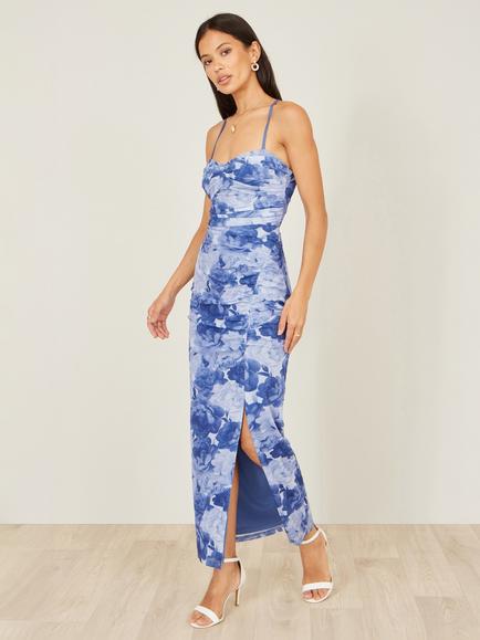 Yumi Split Thigh Floral Mesh Midi Dress, Blue - view 2, Blue