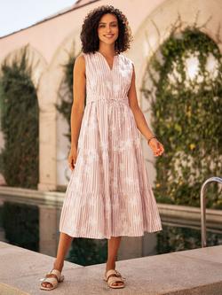 Yumi Striped Embroidered Flower Midi Dress, Brown/White, Brown/White