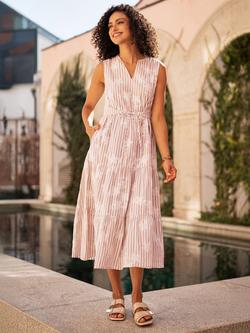 Yumi Striped Embroidered Flower Midi Dress, Brown/White - view 2, Brown/White