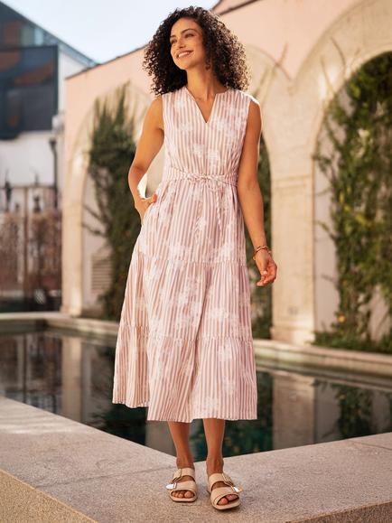 Yumi Striped Embroidered Flower Midi Dress, Brown/White - view 2, Brown/White