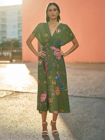 Yumi Bird and Floral Print Midi Dress, Green/Multi, Green/Multi