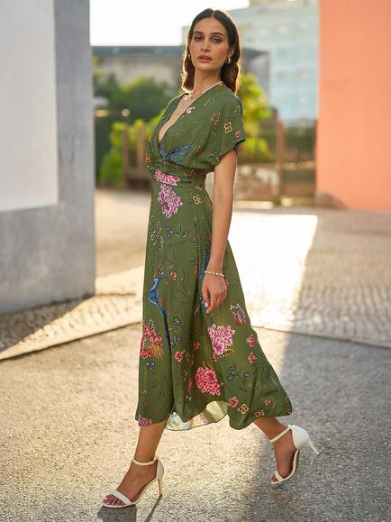 Yumi Bird and Floral Print Midi Dress, Green/Multi - view 2, Green/Multi