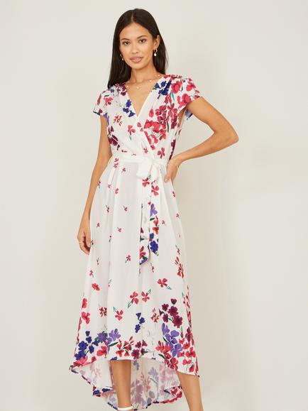 Yumi Floral V-Neck High-Low Hem Midi Wrap Dress, Ivory