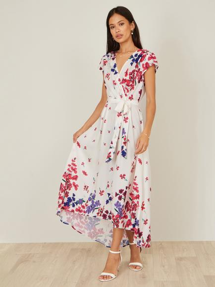 Yumi Floral V-Neck High-Low Hem Midi Wrap Dress - view 2, Ivory