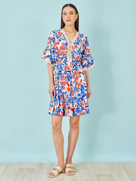 Yumi Leaf Print Tunic Dress, Multi - view 2, Multi