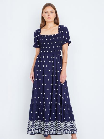 Yumi Floral Border Hemline Smocked Maxi Dress, Navy/White, Navy/White