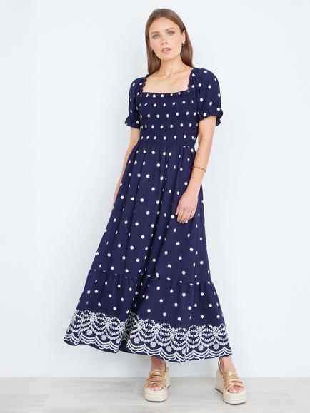 Yumi Floral Border Hemline Smocked Maxi Dress, Navy/White - view 2, Navy/White