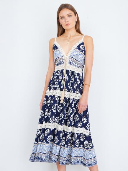 Yumi Paisley Print Midi Sun Dress, Navy/Multi, Navy/Multi
