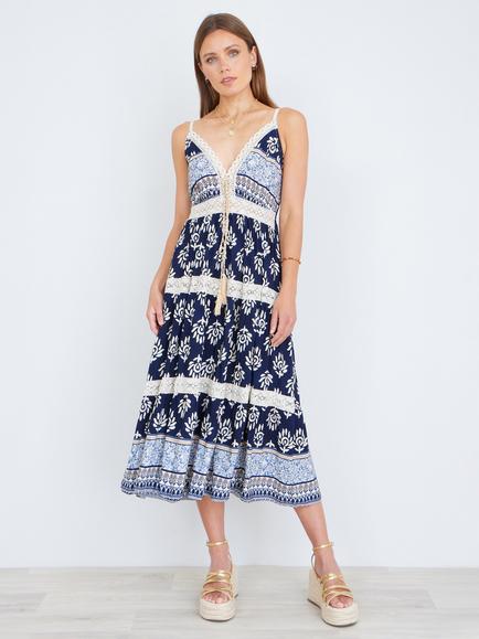 Yumi Paisley Print Midi Sun Dress, Navy/Multi - view 2, Navy/Multi