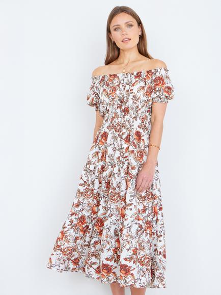 Yumi Off the Shoulder Ruched Floral Midi Dress, Orange/Multi, Orange/Multi
