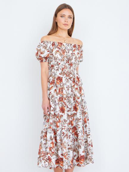 Yumi Off the Shoulder Ruched Floral Midi Dress, Orange/Multi - view 2, Orange/Multi
