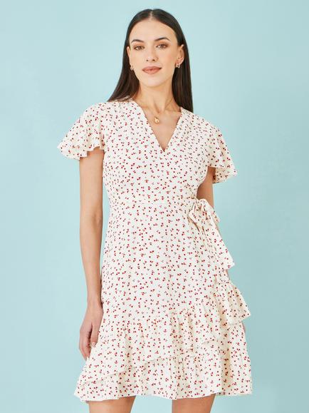 Yumi Ditsy Floral Print Frill Wrap Dress, White/Multi, White/Multi
