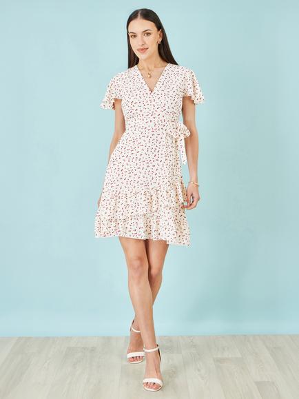 Yumi Ditsy Floral Print Frill Wrap Dress, White/Multi - view 2, White/Multi