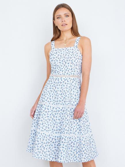 Yumi Ditsy Floral Cotton Midi Sun Dress, White/Multi, White/Multi