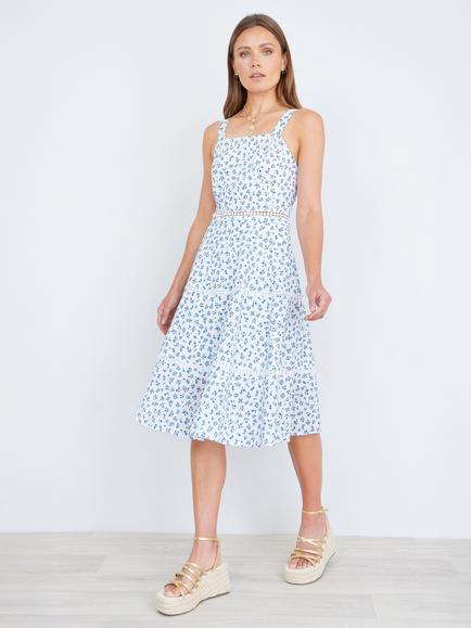 Yumi Ditsy Floral Cotton Midi Sun Dress, White/Multi - view 2, White/Multi