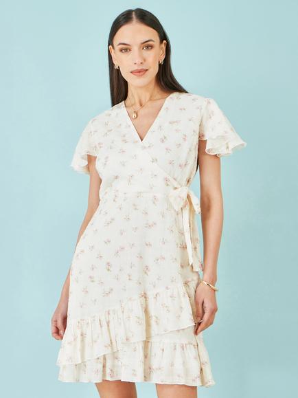 Yumi V-Neck Floral Flutter Sleeve Tiered Wrap Dress, White/Multi, White/Multi