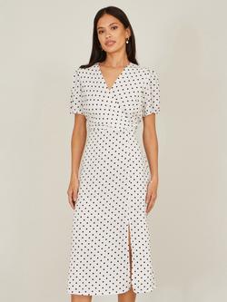 Yumi Short Sleeve Spot Tea Dress, White, White