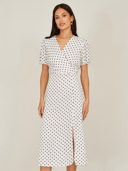 Yumi Short Sleeve Spot Tea Dress, White, White