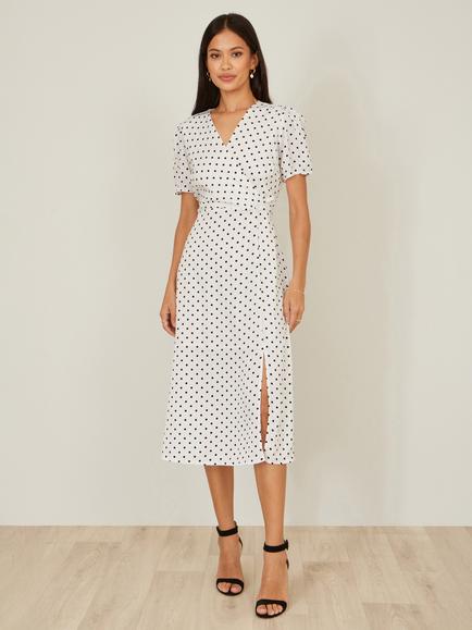 Yumi Short Sleeve Spot Tea Dress, White - view 2, White