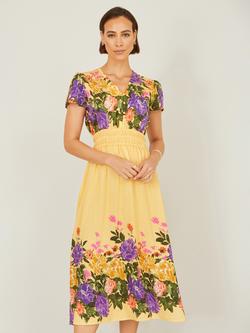 Yumi Floral Mirror Print Midi Dress, Butter Yellow - view 2, Butter Yellow
