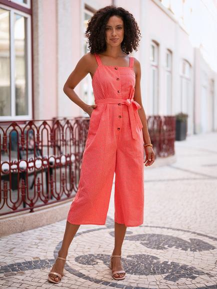 Yumi Gingham Button Through Jumpsuit, Red/Pink