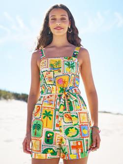 Yumi Cotton Postcard Print Playsuit, Multi, Multi
