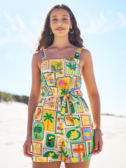 Yumi Cotton Postcard Print Playsuit, Multi, Multi