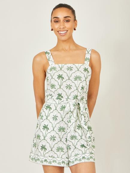 Yumi Sleeveless Palm Print Playsuit, White/Green, White/Green