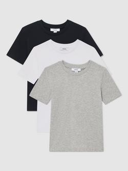 Reiss Kids' Bless Crew Neck Cotton T-Shirt, Pack of 3, White/Navy/Grey, White/Navy/Grey