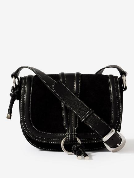 Mint Velvet Suede Contrast Stitch Saddle Bag, Black, Black