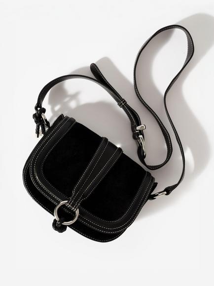 Mint Velvet Suede Contrast Stitch Saddle Bag, Black - view 2, Black