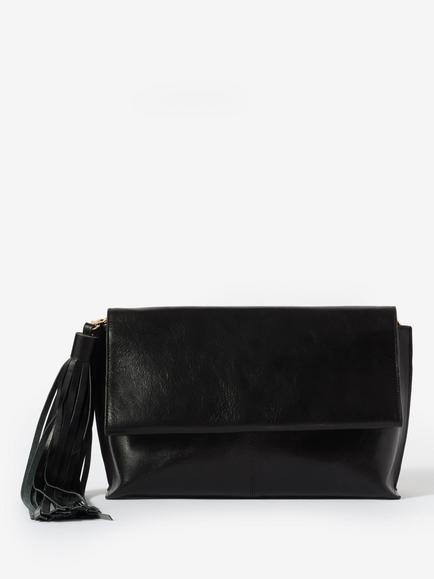 Mint Velvet Leather Tassel Foldover Clutch, Black, Black