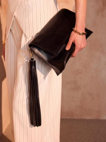 Mint Velvet Leather Tassel Foldover Clutch, Black - view 2, Black