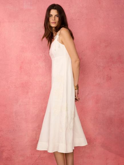 Mint Velvet Linen Blend Floral Embroidered Midi Dress, White Ivory - view 2, White Ivory
