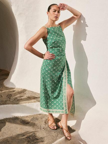 Mint Velvet Linen Blend Abstract Printed Wrap Midi Dress, Green, Green