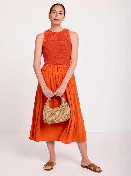 Mint Velvet Crochet Bodice Sleeveless Midi Dress, Orange, Orange