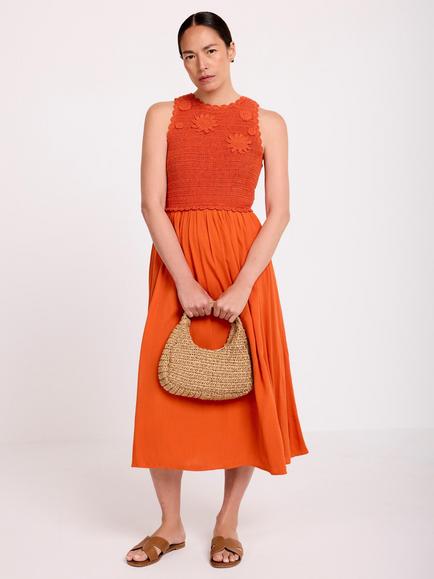 Mint Velvet Crochet Bodice Sleeveless Midi Dress, Orange - view 2, Orange