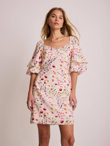 Mint Velvet Floral Puff Sleeve Mini Dress, Pink/Multi, Pink/Multi