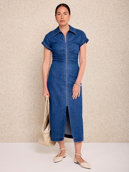 Mint Velvet Ruched Denim Midi Dress, Blue, Blue