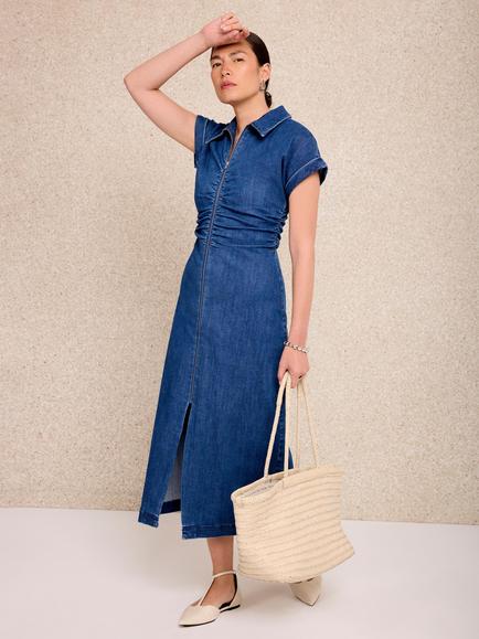 Mint Velvet Ruched Denim Midi Dress, Blue - view 2, Blue